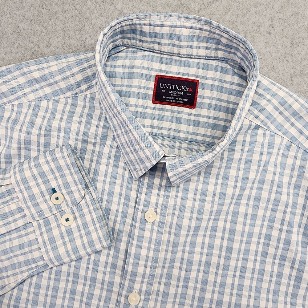 UNTUCKIT Long Sleeve Nylon Plaid‎ Shirt Blue Men's M Slim Fit Stretch St Romain